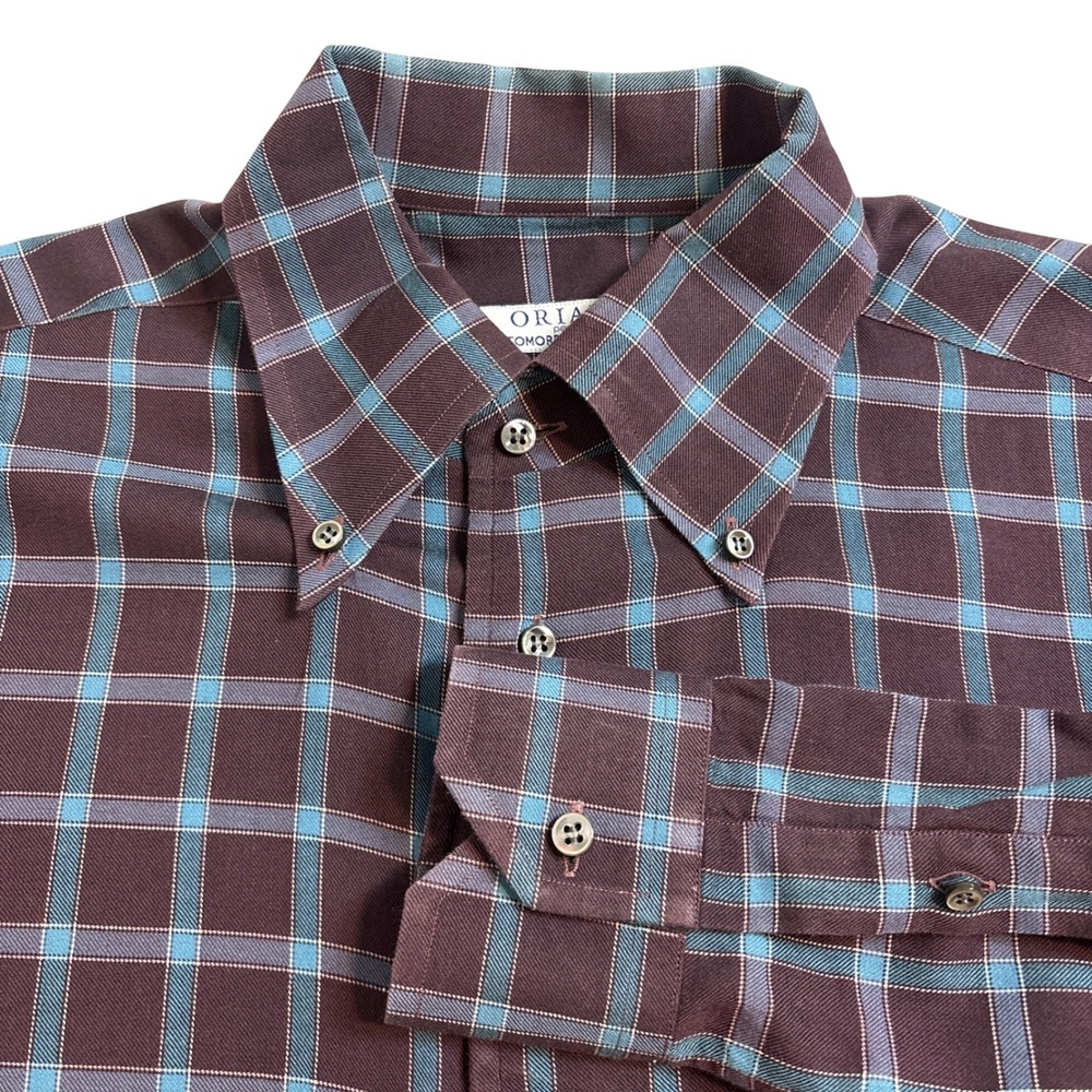 Orian per Tomorrowland Mens Burgundy Blue Plaid Flannel Button Down Shirt Large